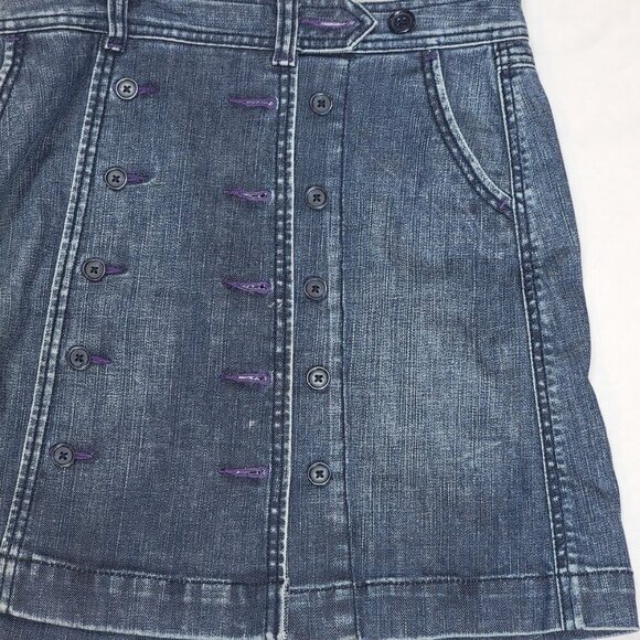 Bica Cheia Button Front Denim Mini Skirt | Size 2 | Stretchy High Waist Skirt - Picture 11 of 12